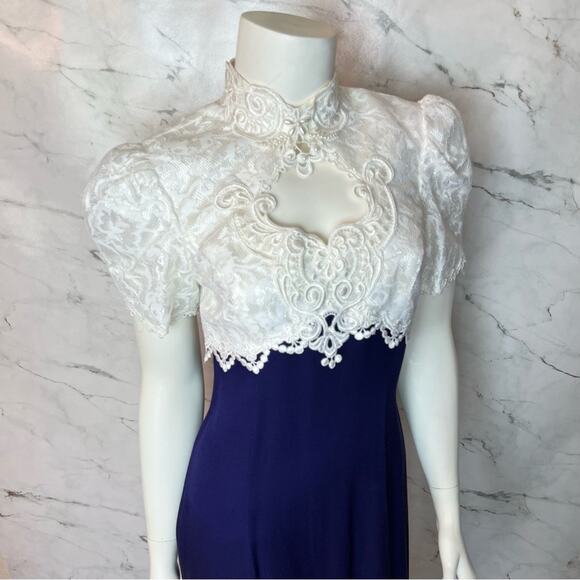 Scott McClintock Vintage Lace Beaded Dress Royal Blue White 4 Small - Picture 3 of 16